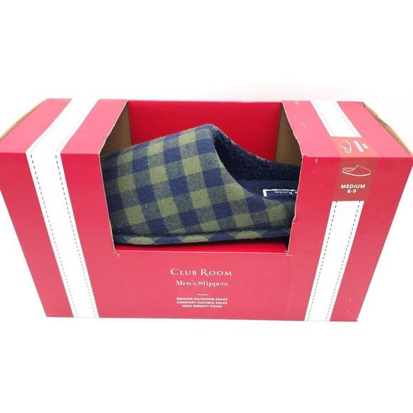 Club Room Men's Fleece-Lined Flannel Slippers Green/Navy Plaid 6-7 Small NEW - Picture 6 of 9